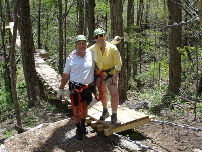 the two RV Gypsies on the zipline swinging bridge