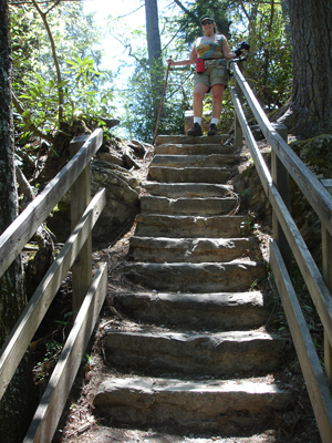 Karen Duquette ready to go down the stairs