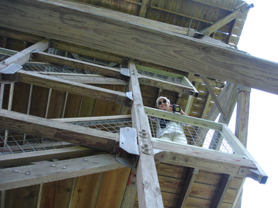 Karen goes up a few flights of stairs