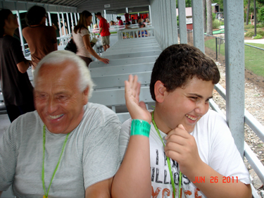 Lee and Alex laughing on the train at Stone Mountain