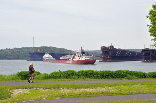 The SS Arthur M. Anderson cargo ship near Two Harbors Lighthouse