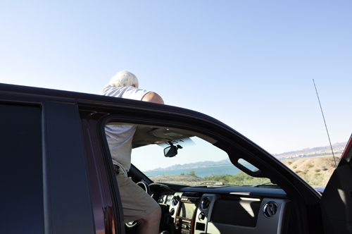Lee Duquette trying to get down out of the sunroof