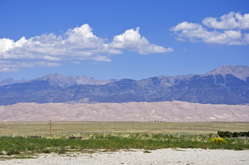 view of the sand dunes from the yard of the two RV Gypsies