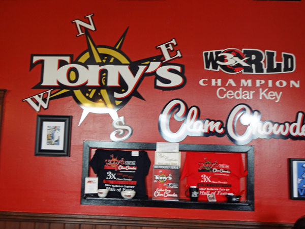 sign about Tony's World Champion Clam Chowder