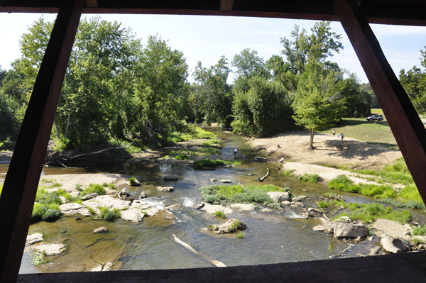 river as seen from inside the Bridgeton Covered Bridge