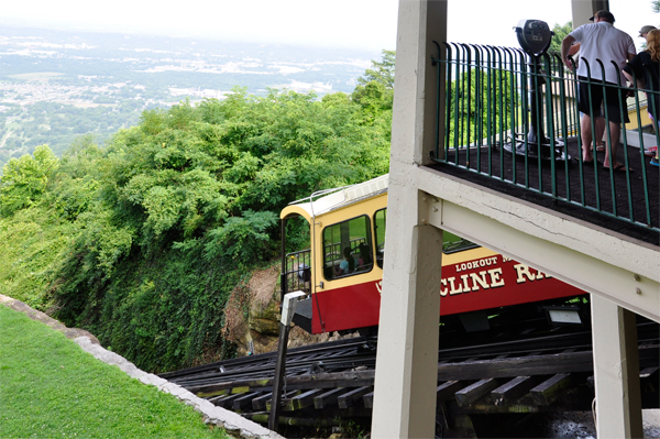 the cable car starts back down the steep incline.