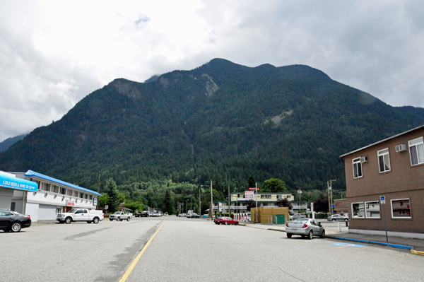 city street in Hope and a mountain