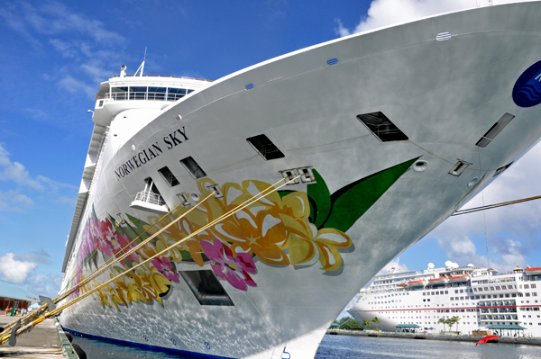 Karen Duquette by the Norwegian Sky cruise ship in Nassau Bahamas