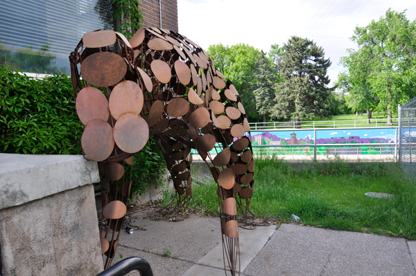 A dinosaur outside of the Children's Museum