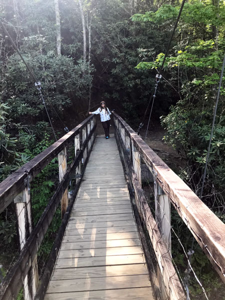 Karen Duquette on The Toccoa River Swinging Bridge