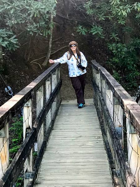 Karen Duquette on The Toccoa River Swinging Bridge