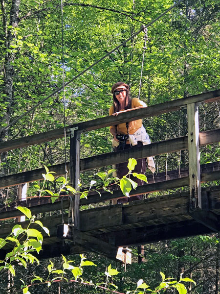 Karen Duquette on The Toccoa River Swinging Bridge