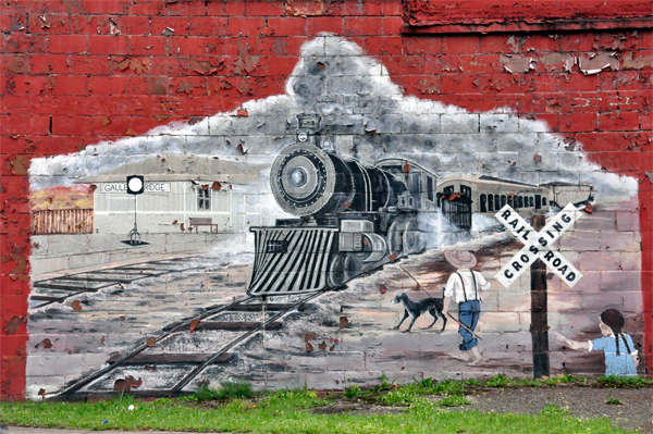 Railroad-themed mural in Gauley Bridge
