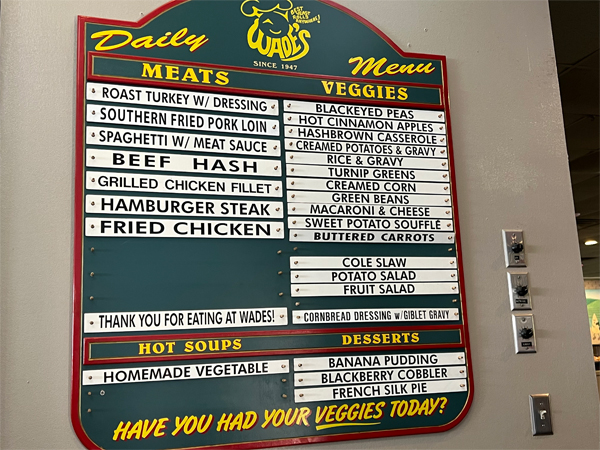 Wades Restaurant menu
