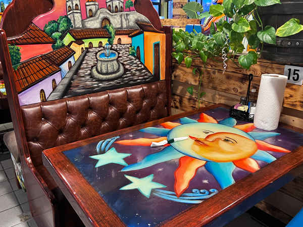 Mexican decor on the booths and tables