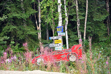 woods, a car and old signs