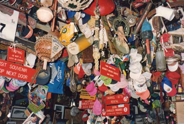 stuff haging from the restuarant ceiling