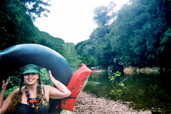 Karen Duquette carrying her tube and lifejacket