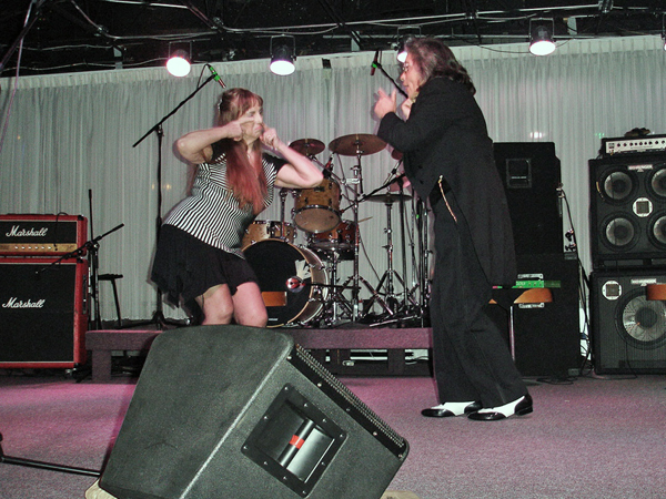 Jeanne Trembly, Karen Duquette on stage at the Gong Show