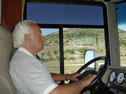 Lee Duquette driving past the peaks.