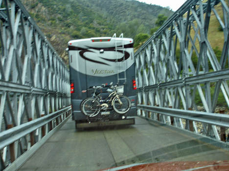 driving the RV on the narrow bridge