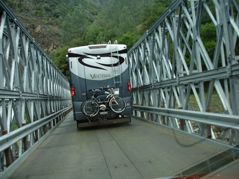driving the RV on the narrow bridge