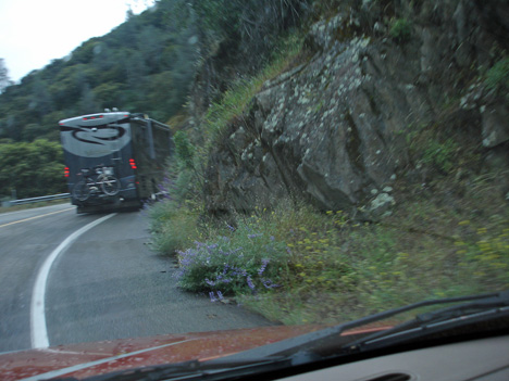 tight corners on a curvy narrow mountain road in the rain
