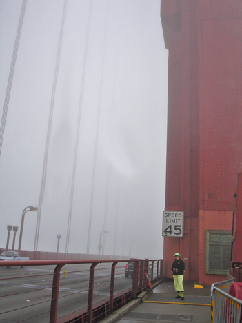 Karen Duquette on  the Golden Gate Bridge at the first tower