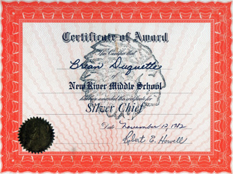 Brian Duquette's Science Fair Certificate of Award